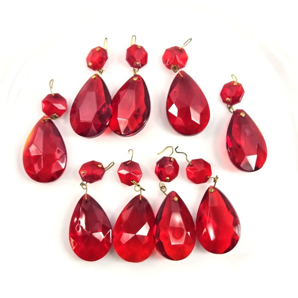 Vintage Chandelier or Lamp Prisms Red Faceted Glass Teardrop Lot of 9pc